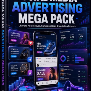 Social Media Advertising Mega Pack cover featuring over 1,000 ad creatives, campaign ideas, and marketing prompts